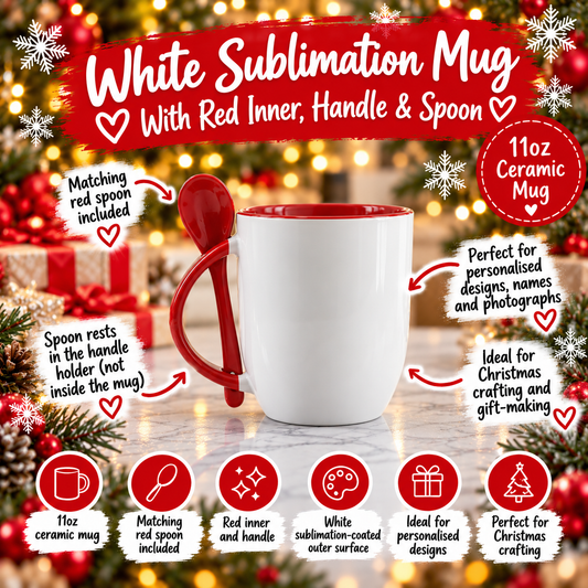11oz White Sublimation Mug with Red Inner, Handle & Spoon