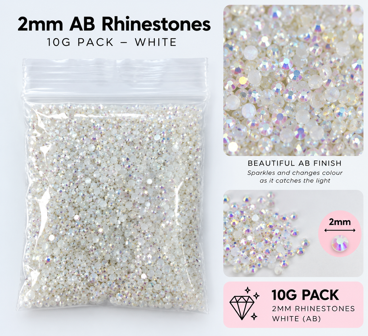 2mm AB Rhinestones – 10g Pack – Choose Your Colour