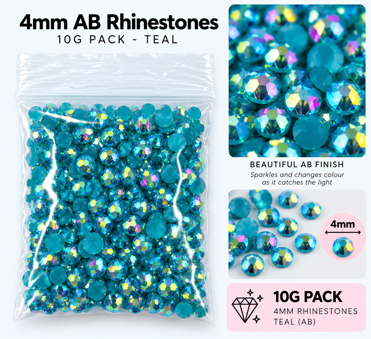 4mm AB Rhinestones – 10g Pack – Choose Your Colour