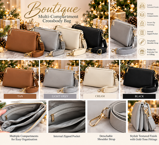 Boutique Multi-Compartment Crossbody Bag – Detachable Strap | 4 Colours