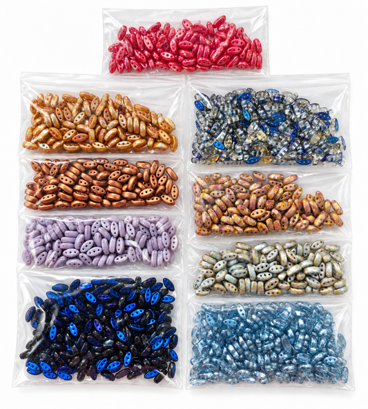 Czech Glass Three-Hole Oval Beads – Mixed Colours & Finishes – 9 Bags