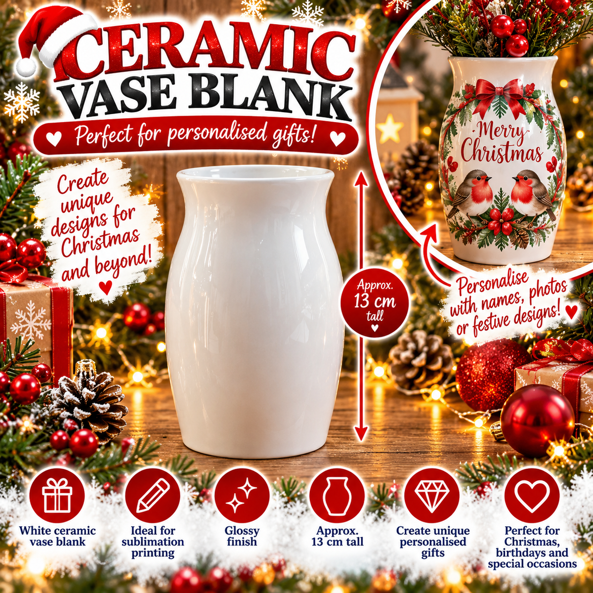 White Ceramic Sublimation Flower Vase Blank – Approx. 13 cm