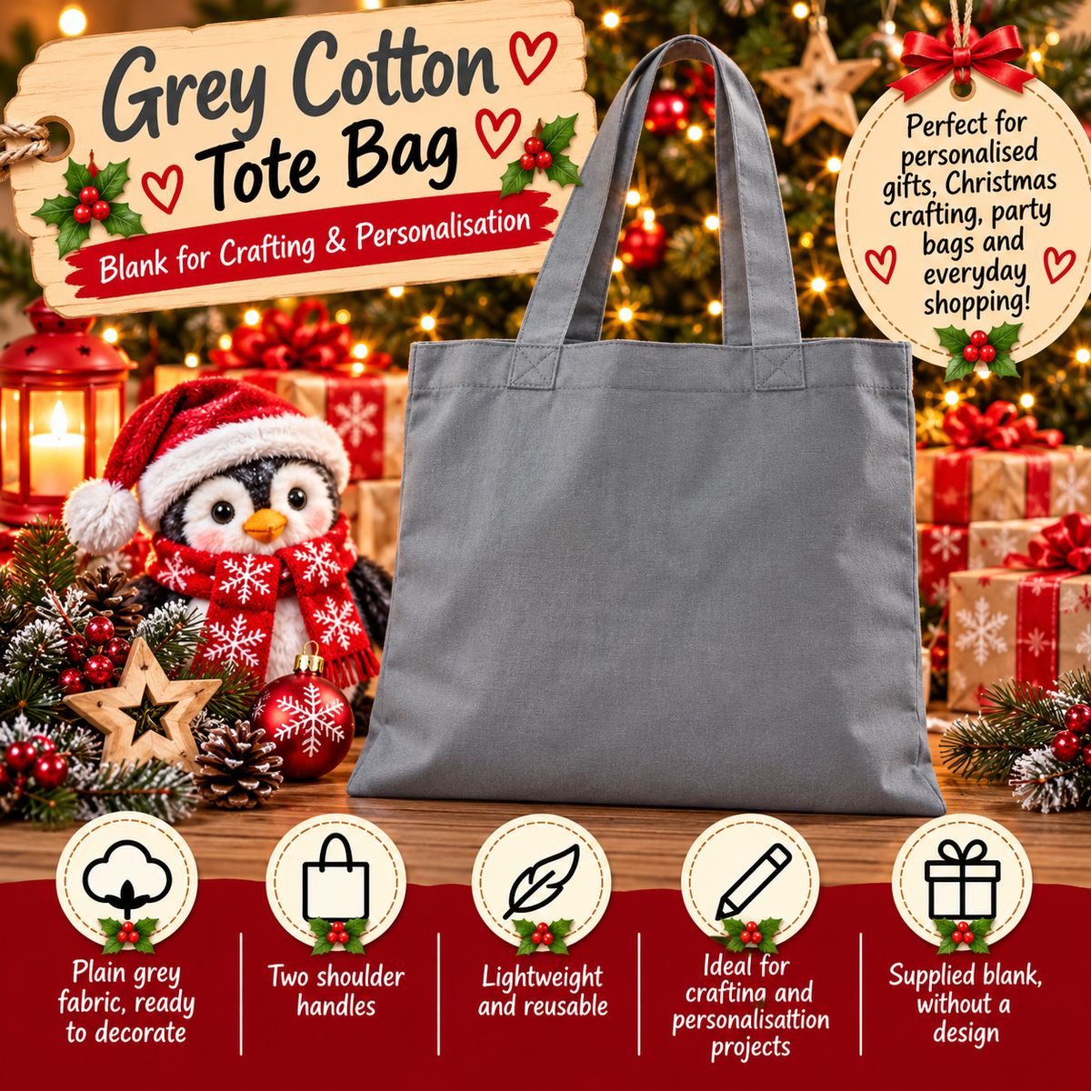 Grey Cotton Tote Bag – Plain Blank Bag for Crafting & Personalisation