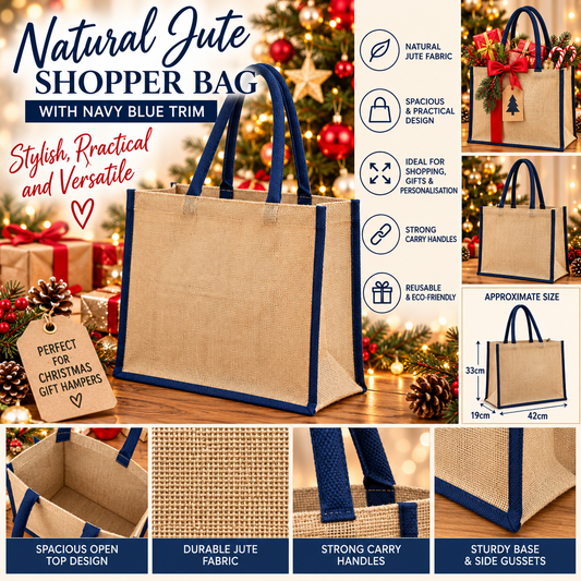 Natural Jute Shopper Bag with Navy Blue Trim – Reusable Gift & Shopping Bag