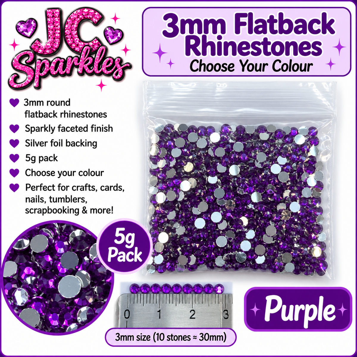3mm Flatback Rhinestones – 5g Pack – Choose Your Colour