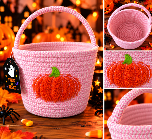 Halloween Woven Trick or Treat Bucket – Pumkin Design - Pink