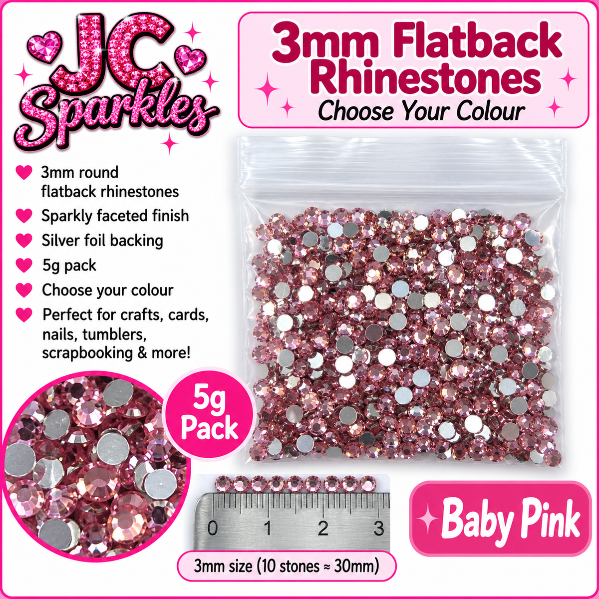 3mm Flatback Rhinestones – 5g Pack – Choose Your Colour