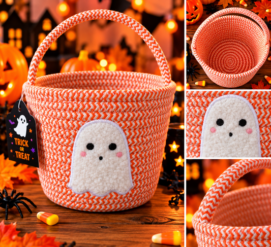 Halloween Woven Trick or Treat Bucket – Ghost Design – orange