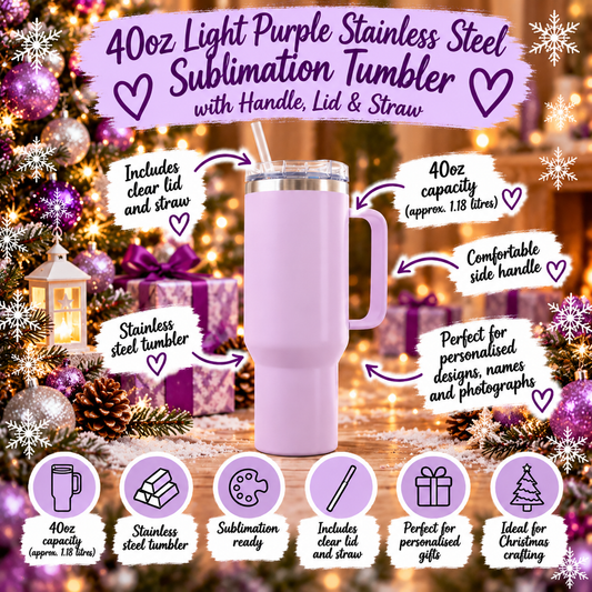 Light purple	40oz  Stainless Steel Sublimation Tumbler with Handle, Lid & Straw