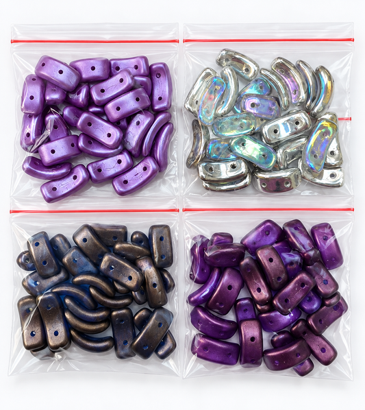 Czech Glass Curved Two-Hole Beads – Purple, Bronze & Crystal AB – 4 Bags