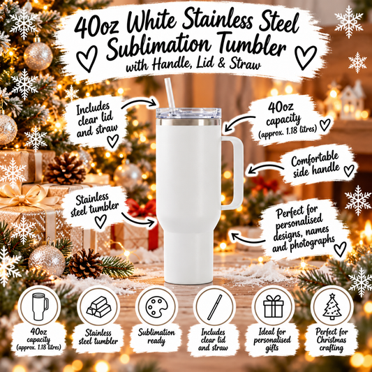 40oz White Stainless Steel Sublimation Tumbler with Handle, Lid & Straw
