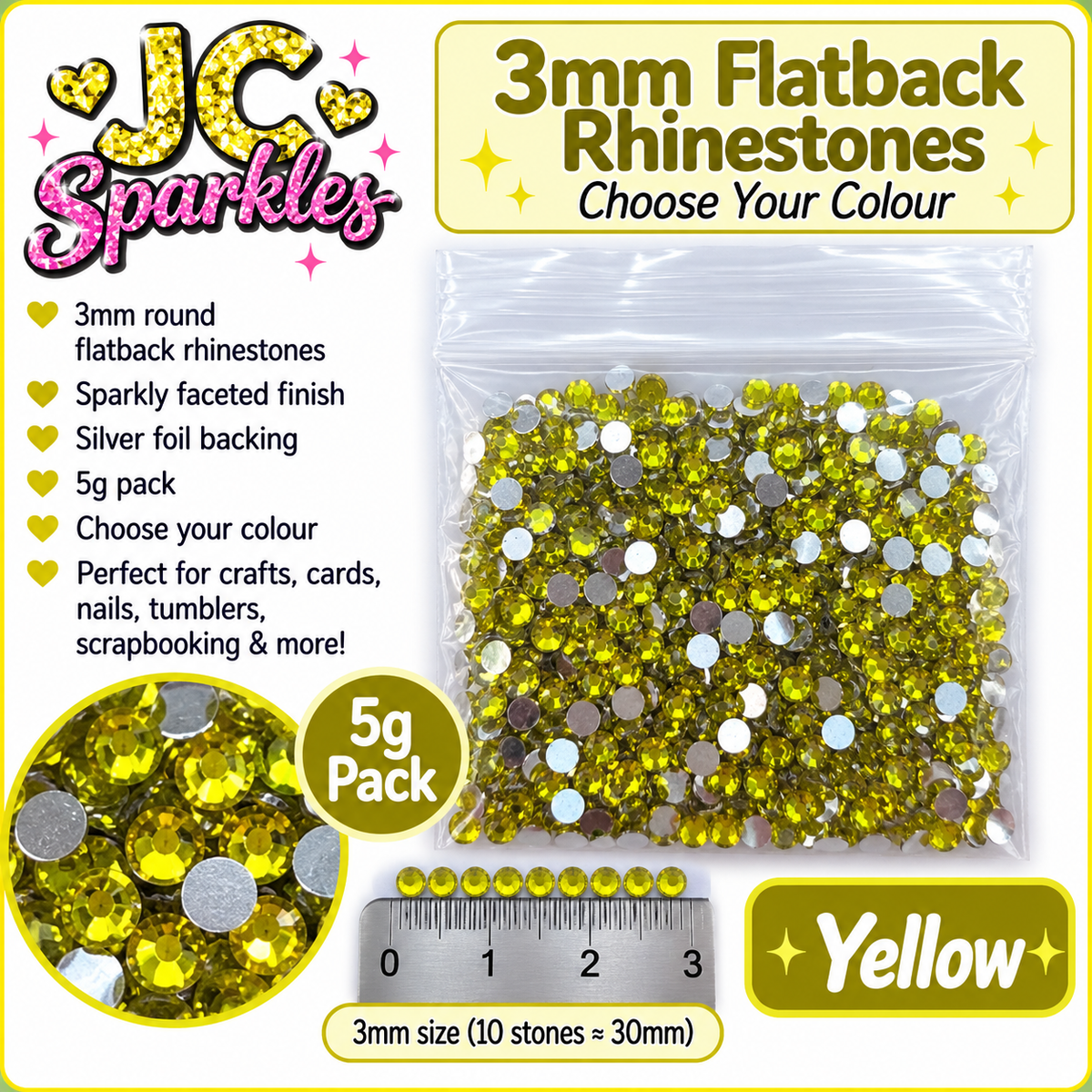 3mm Flatback Rhinestones – 5g Pack – Choose Your Colour
