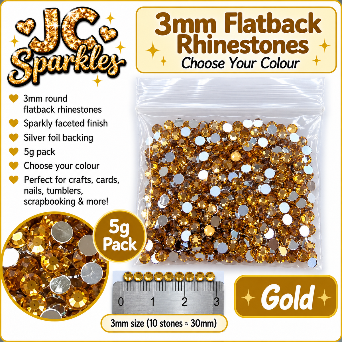3mm Flatback Rhinestones – 5g Pack – Choose Your Colour