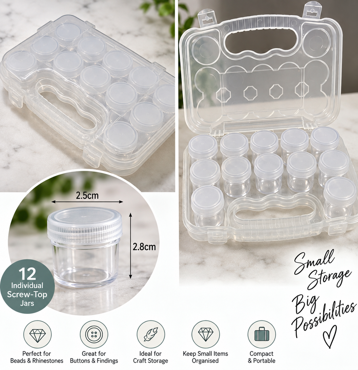 12-Pot Screw-Top Seed Bead Storage Case – Clear Portable Organiser