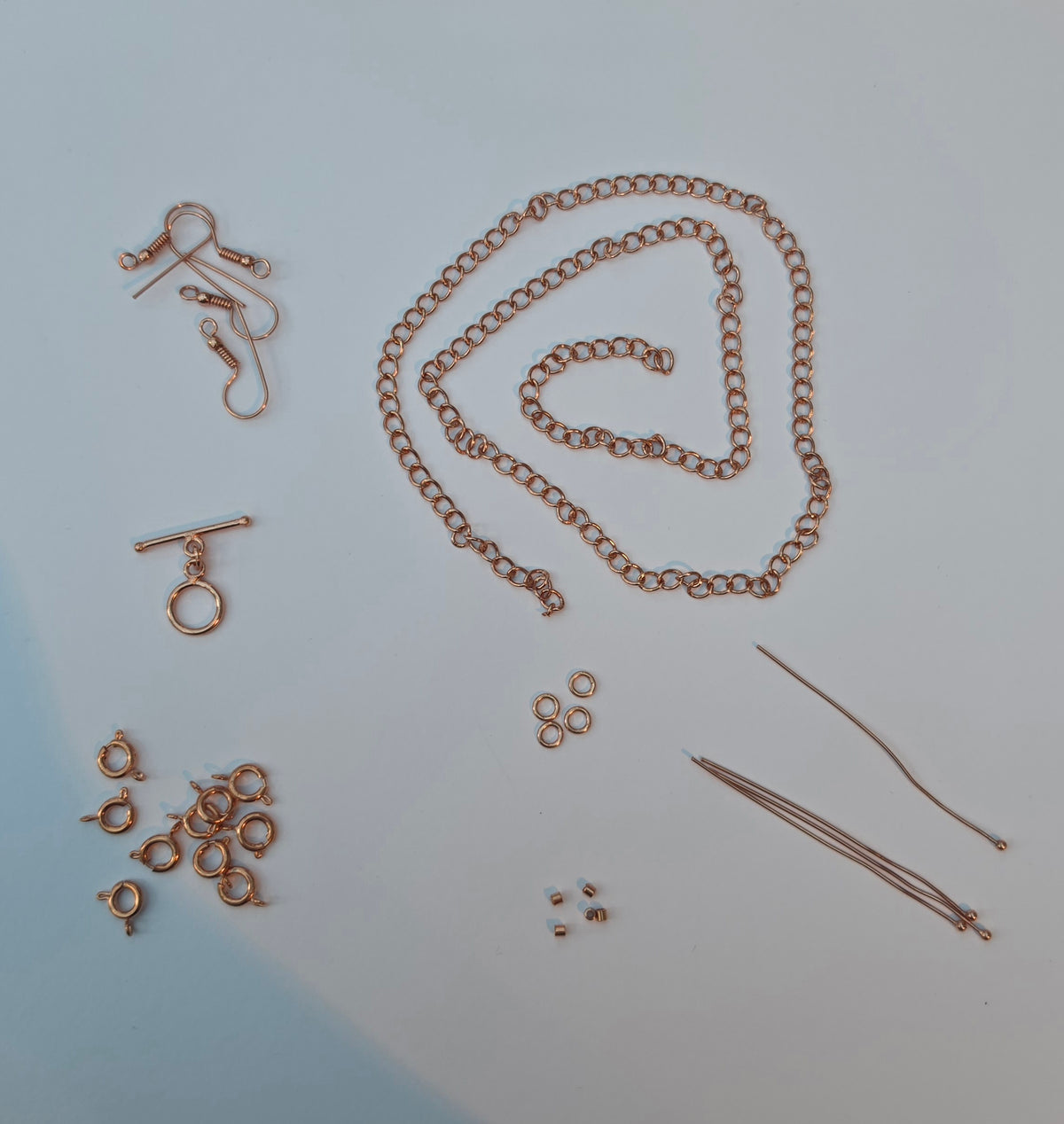 Rose Gold Coloured Jewellery Findings – Mixed Chain, Clasps, Rings & Pins