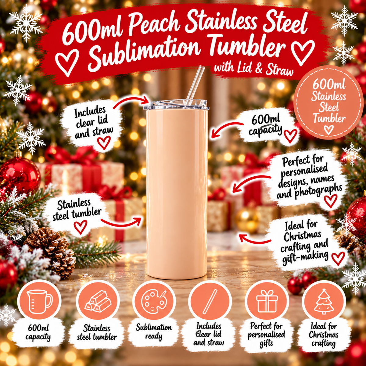 600ml Peach Stainless Steel Sublimation Tumbler with Lid & Straw