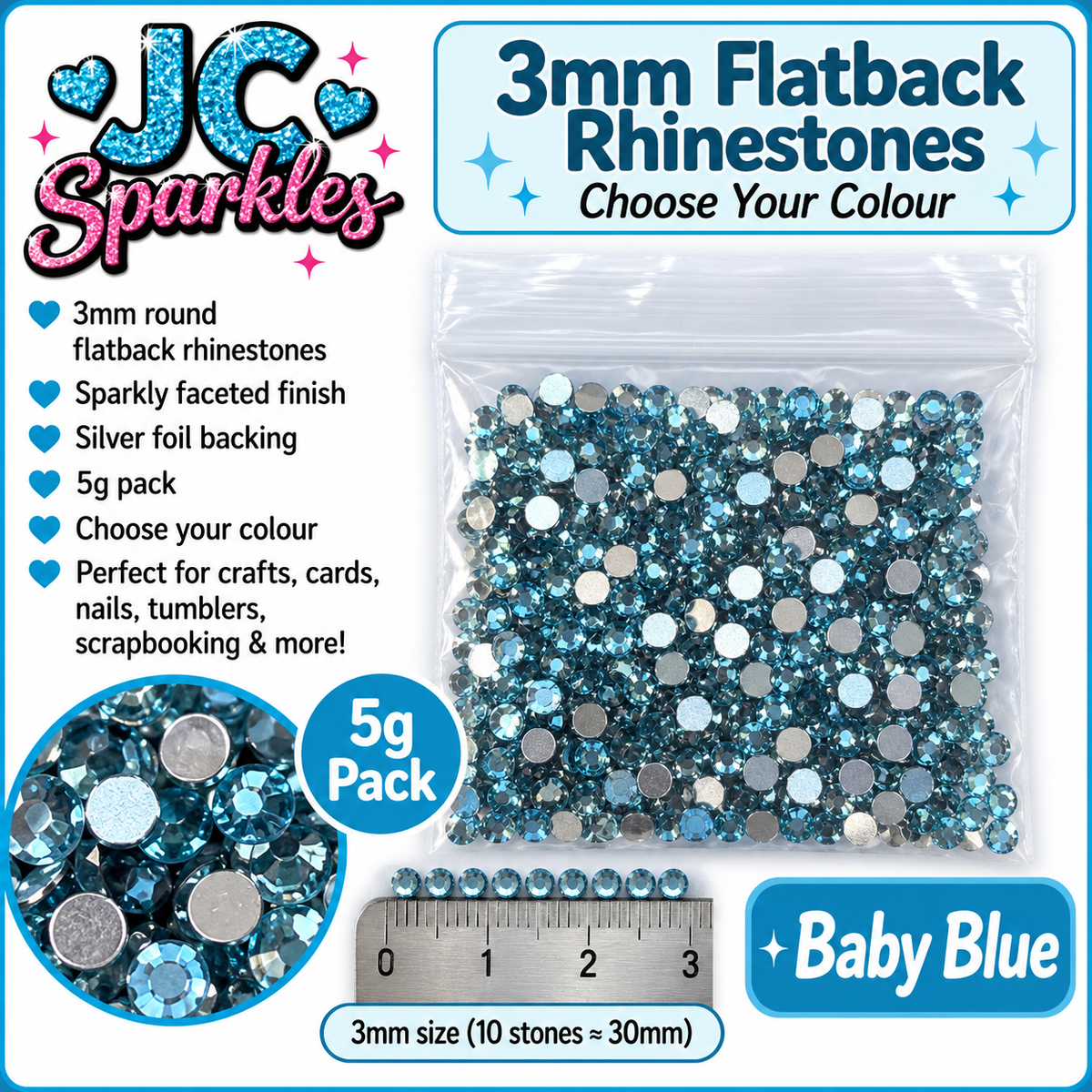 3mm Flatback Rhinestones – 5g Pack – Choose Your Colour