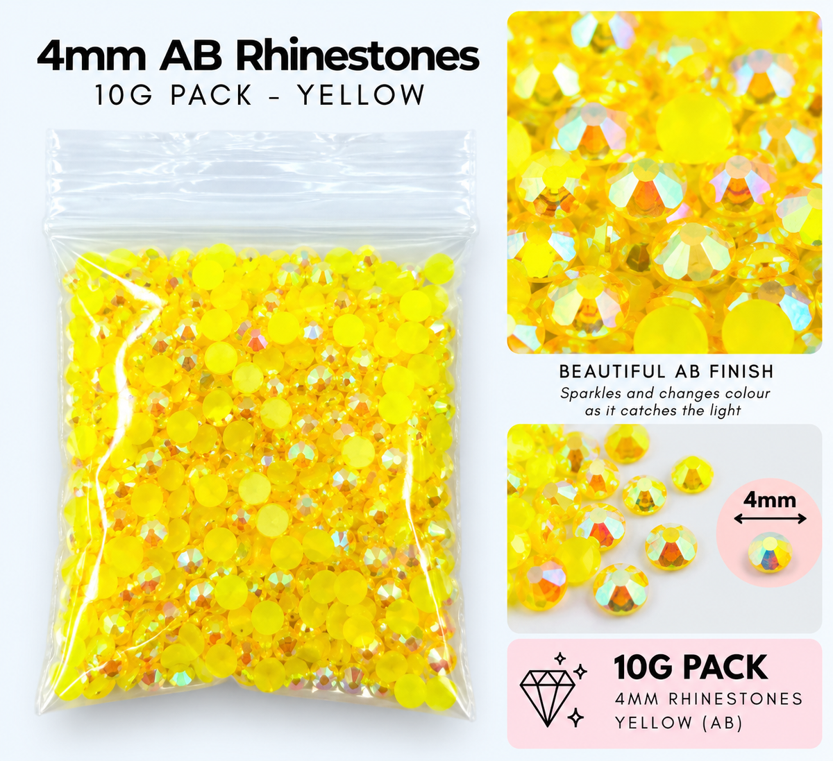 4mm AB Rhinestones – 10g Pack – Choose Your Colour