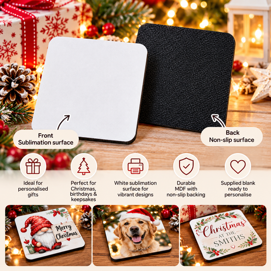 Square Neoprene Sublimation Coaster Blank – Non-Slip Rubber Back