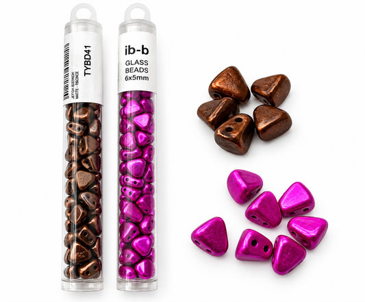 Czech Glass Two-Hole Beads 6 × 5mm – Bronze & Fuchsia – 2 Tubes