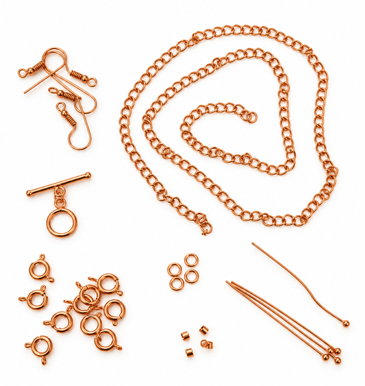 Rose Gold Coloured Jewellery Findings – Mixed Chain, Clasps, Rings & Pins