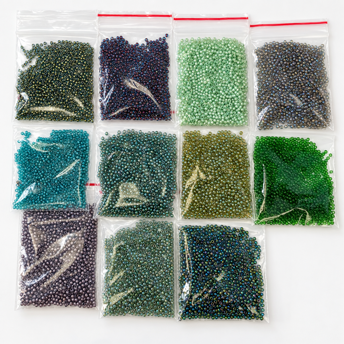 Mixed Seed Beads – Green, Teal & Iridescent Colours – 11 Large Bags