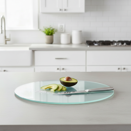 Round Glass Cutting Board on kitchen countertop