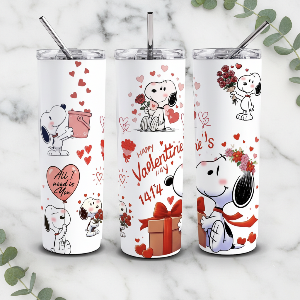 Snoopy Valentine's tumblers with marble background