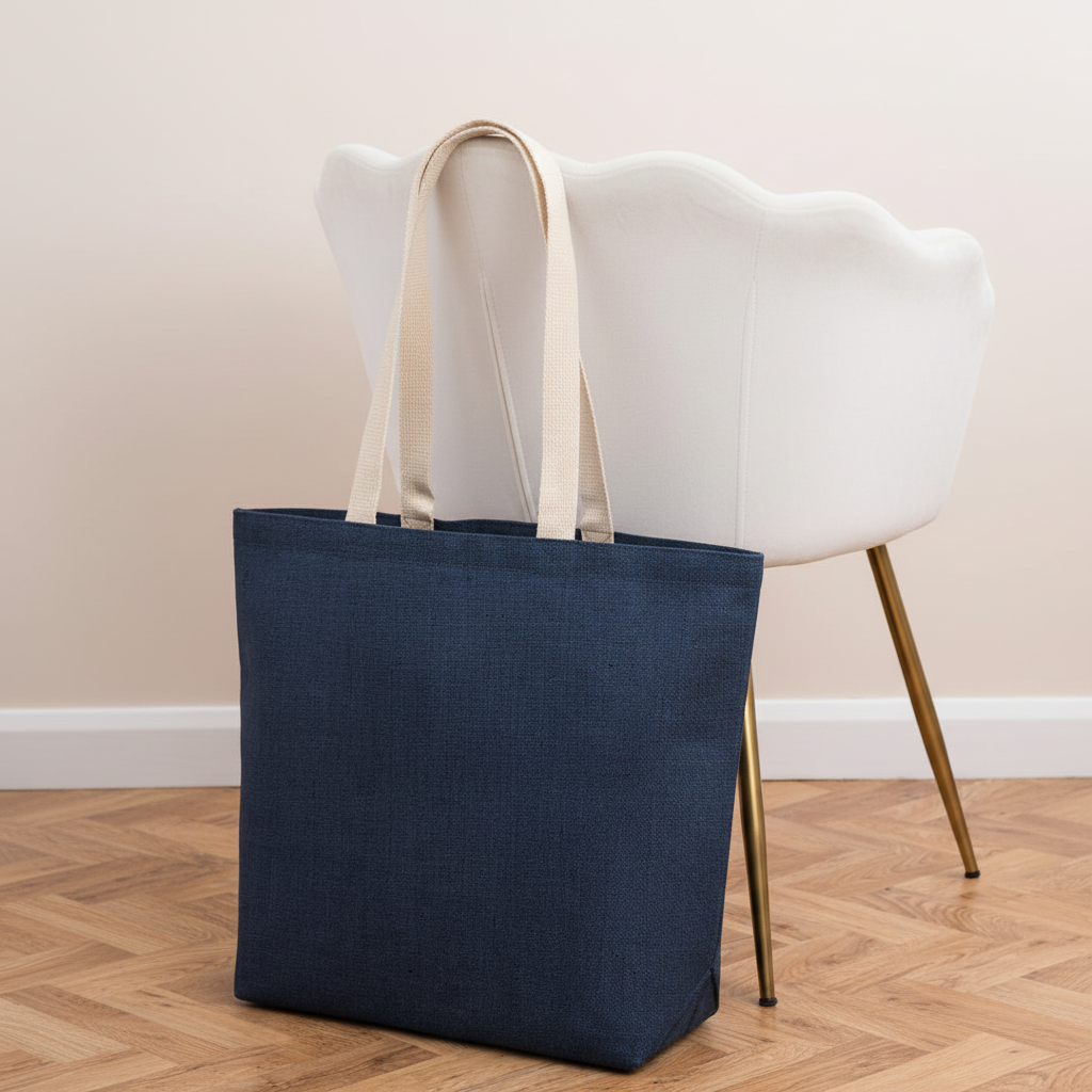 Unlaminated Jute Shopper (blue) next to white velvet chair