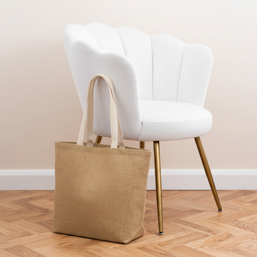 Unlaminated Jute Shopper (natural) next to white velvet chair